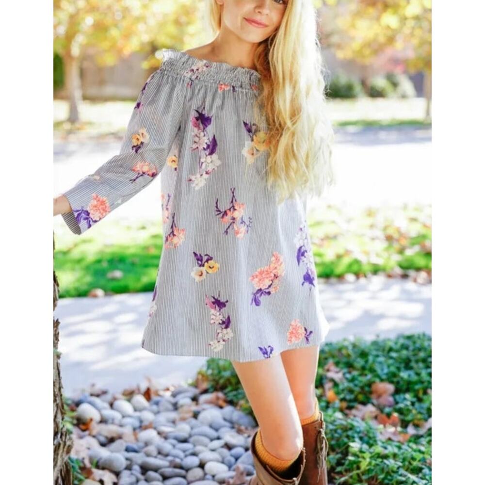 Hayden Girls Mini Tunic Dress Size 9 / 10 Multicolor Striped Floral Off Shoulder